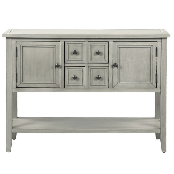 Wooden Console Table with 4 Storage Drawers and 2 Cabinets, Sofa Table with Bottom Shelf and Solid Wood Legs, Antique Gray