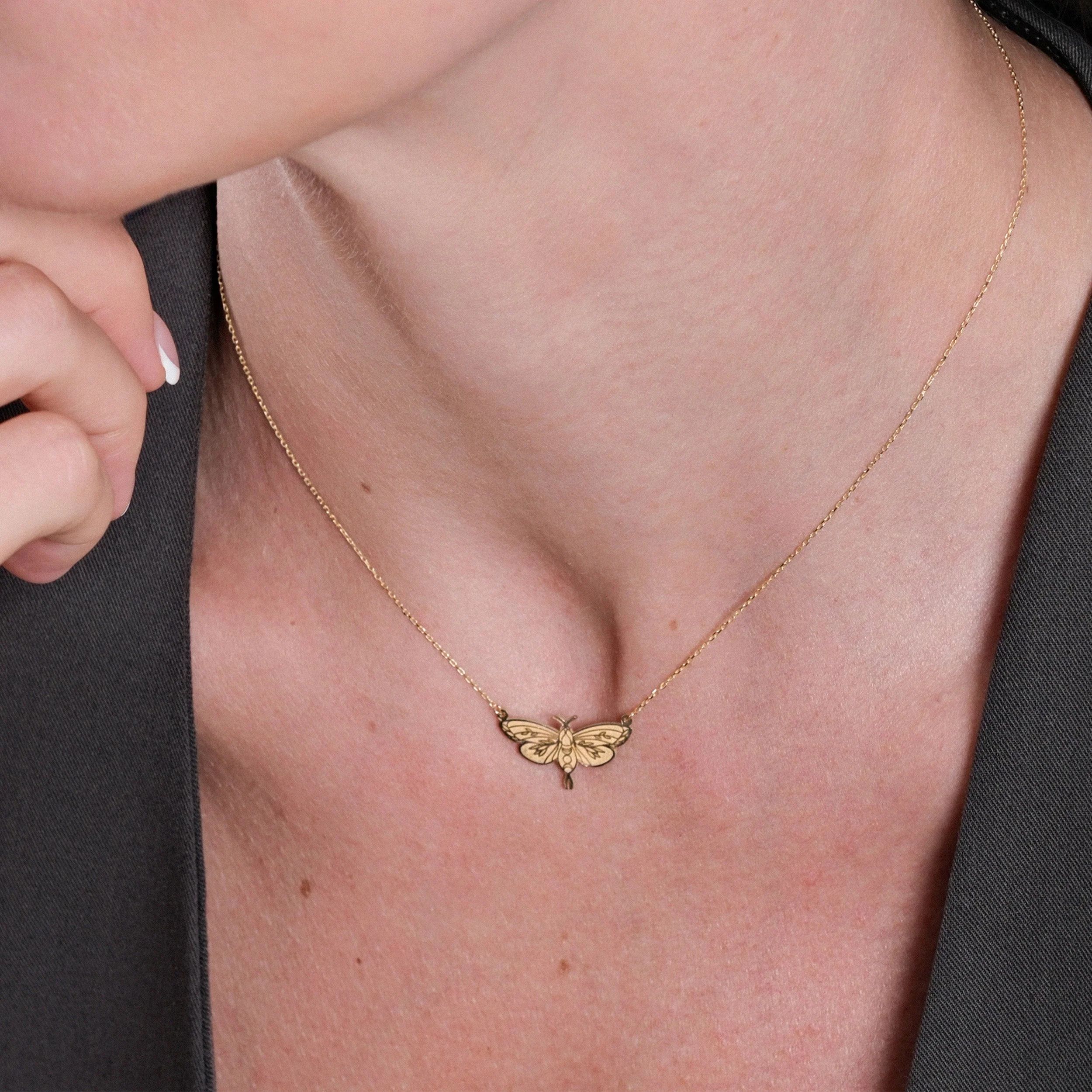 Moth Necklace 14K Solid Gold 16 Inches