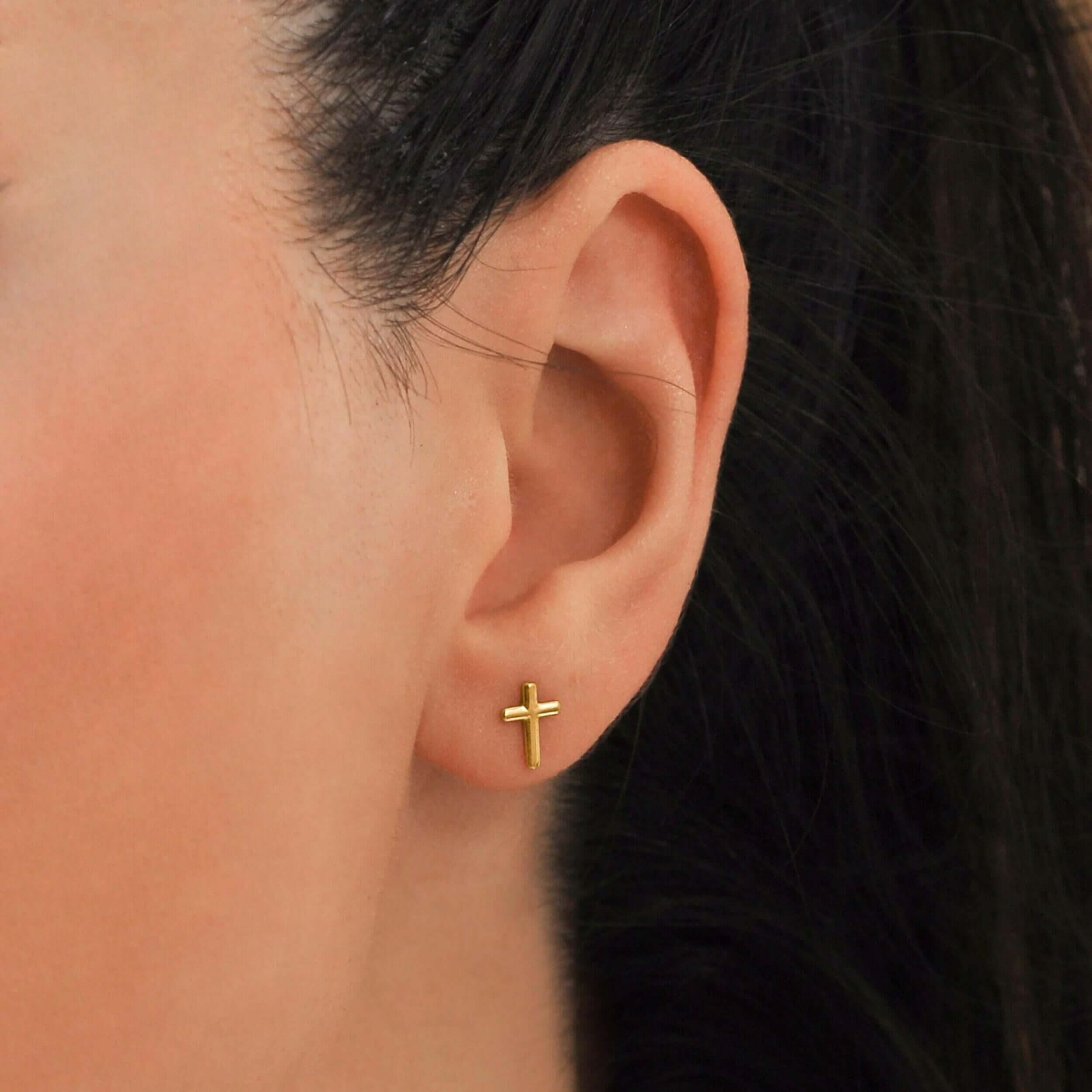 Cross Stud Earrings 14K Solid Gold