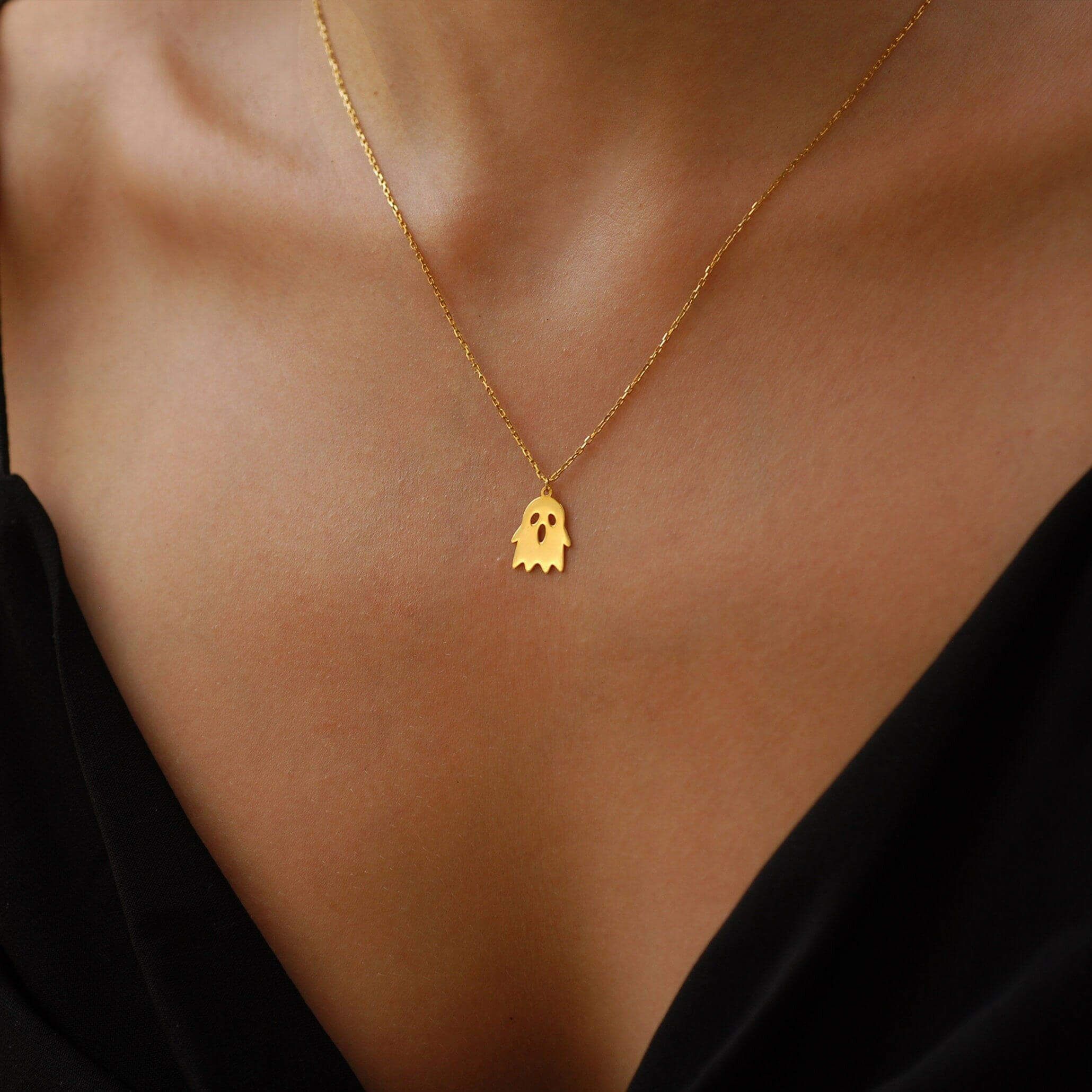 Gold Ghost Necklace 14K Solid Gold 16 Inches