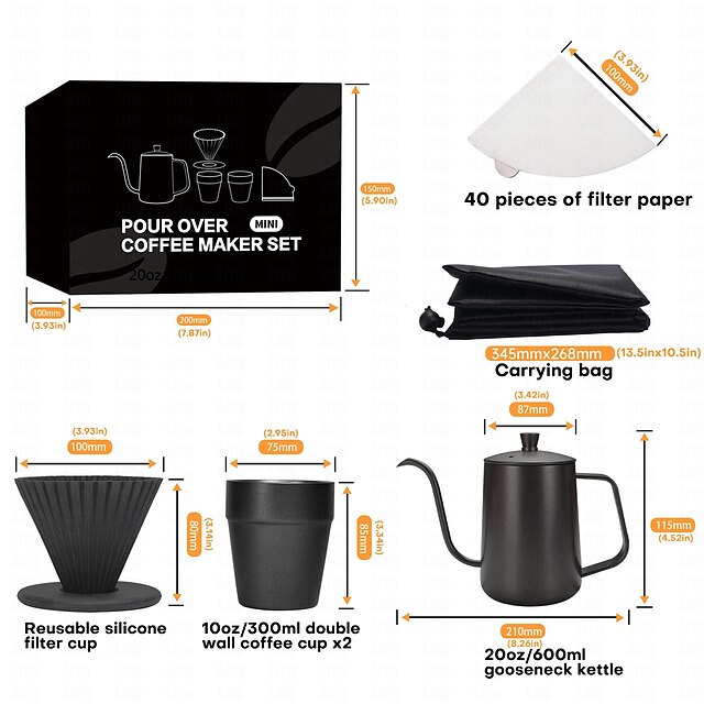 Pour Over Coffee Maker Set- 6 in 1 SUS304 Teflon Surface Slow Drip Coffee Maker Set Dripping Cup Filter Paper Cup Portable Box for Traveling,Coffee Gift Box Set Valentine's Day Gift