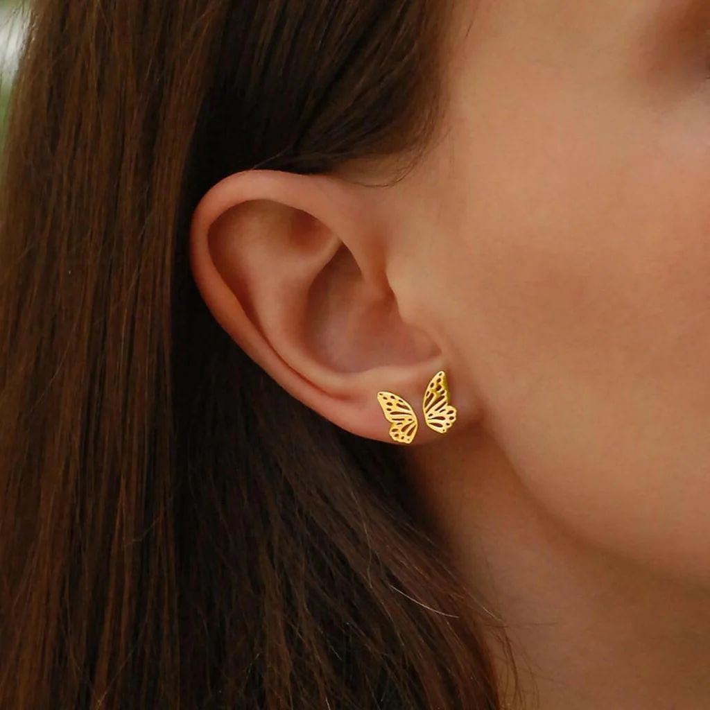 Butterfly Wing Stud Earrings 14K Solid Gold