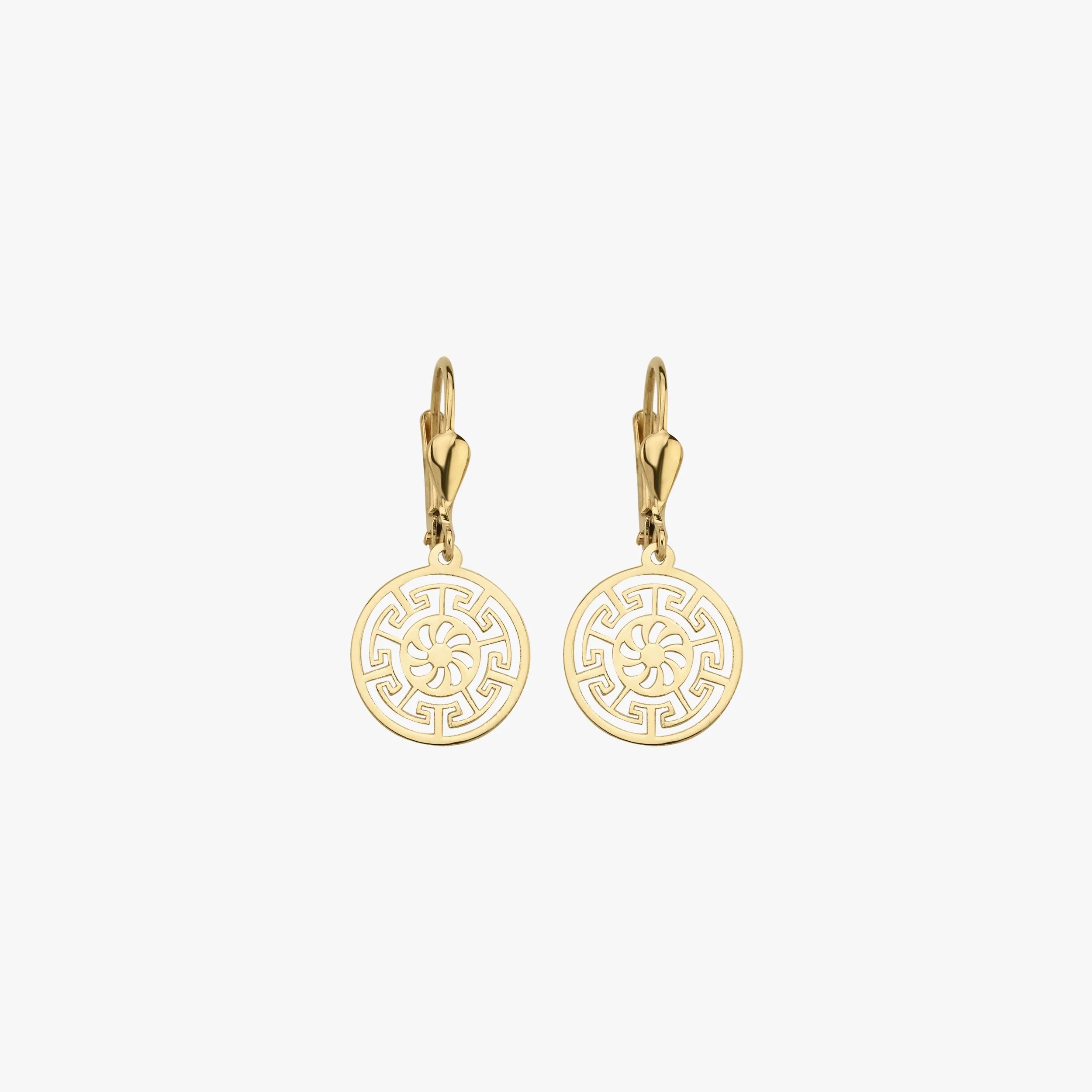 Greek Key Leverback Earrings 14K Solid Gold