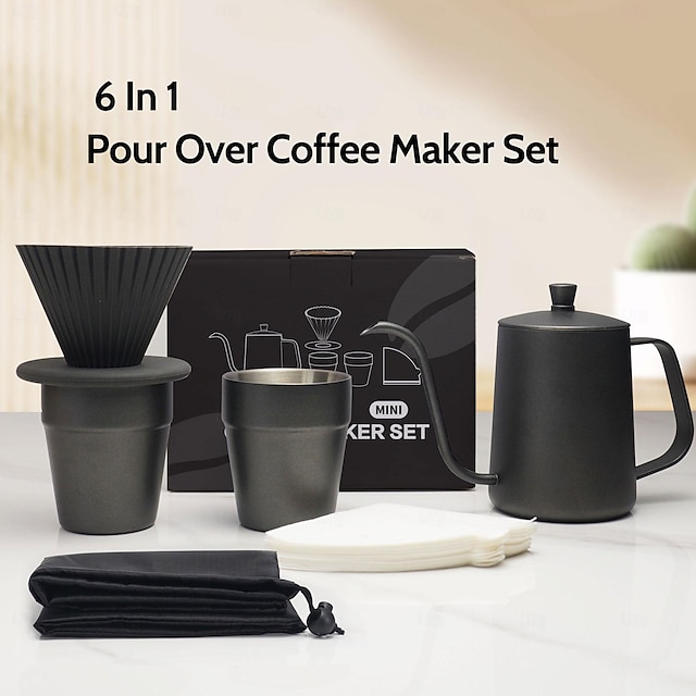 Pour Over Coffee Maker Set- 6 in 1 SUS304 Teflon Surface Slow Drip Coffee Maker Set Dripping Cup Filter Paper Cup Portable Box for Traveling,Coffee Gift Box Set Valentine's Day Gift