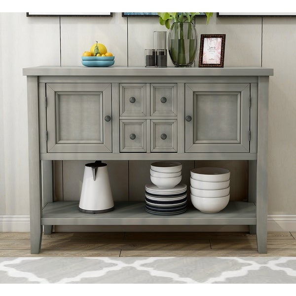 Wooden Console Table with 4 Storage Drawers and 2 Cabinets, Sofa Table with Bottom Shelf and Solid Wood Legs, Antique Gray