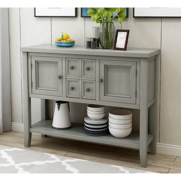 Wooden Console Table with 4 Storage Drawers and 2 Cabinets, Sofa Table with Bottom Shelf and Solid Wood Legs, Antique Gray