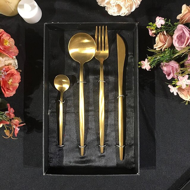 Gold Silverware Set 4 Piece Durable 18/10 Stainless Steel Flatware Sets Service for Wedding Home Kitchen Tableware Utensils Include Teaspoons Knifes Forks and Spoons Delicate Cutlery Set
