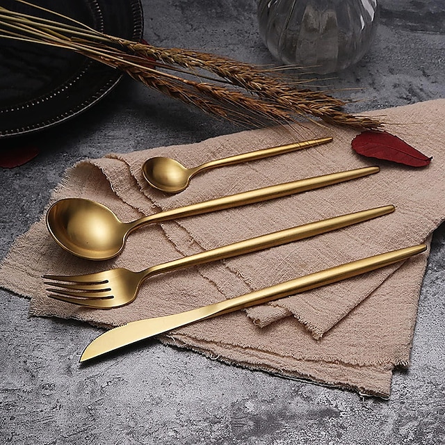 Gold Silverware Set 4 Piece Durable 18/10 Stainless Steel Flatware Sets Service for Wedding Home Kitchen Tableware Utensils Include Teaspoons Knifes Forks and Spoons Delicate Cutlery Set