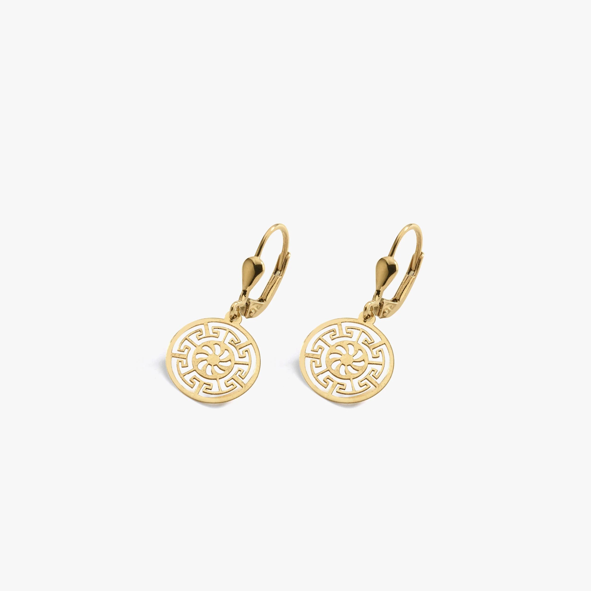 Greek Key Leverback Earrings 14K Solid Gold