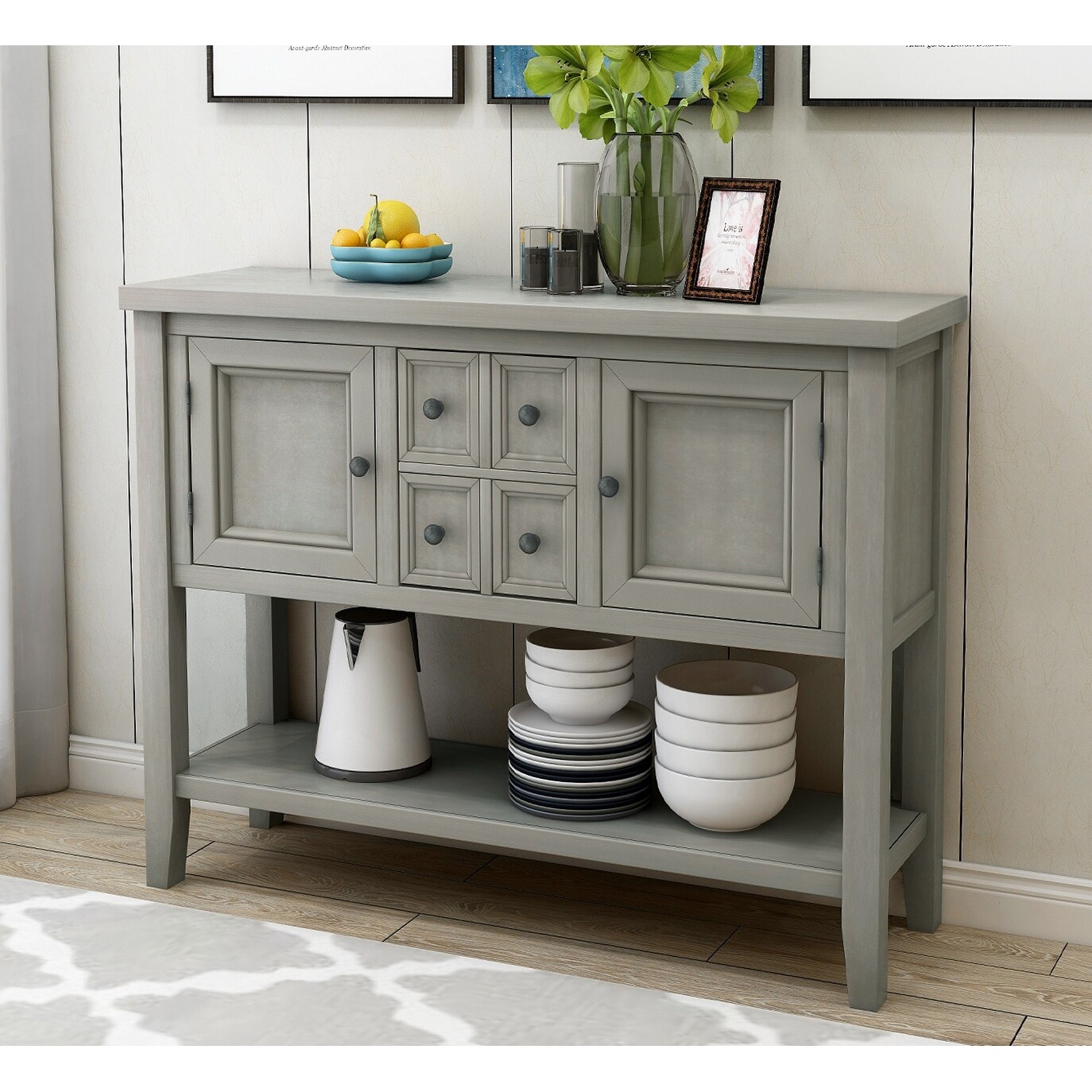 Wooden Console Table with 4 Storage Drawers and 2 Cabinets, Sofa Table with Bottom Shelf and Solid Wood Legs, Antique Gray