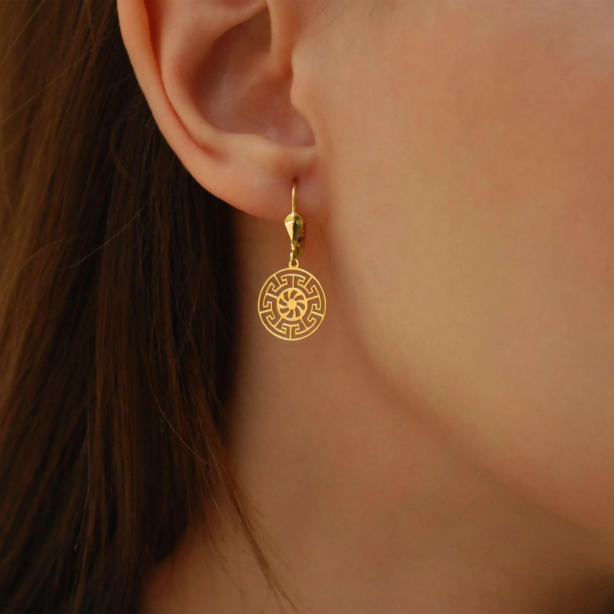 Greek Key Leverback Earrings 14K Solid Gold
